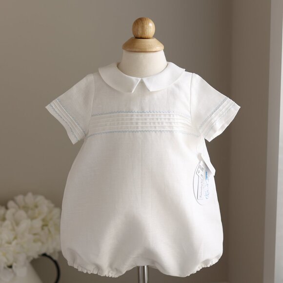 Ivory LINEN Romper Boys Boutique Pin Tuck Hand-Embroidery Portrait NWT - Picture 1 of 6
